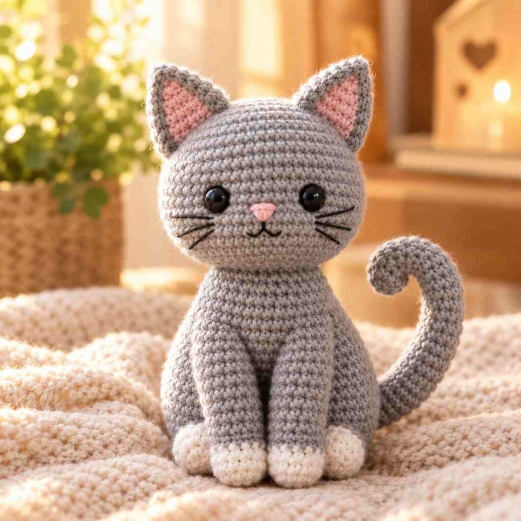 Finished amigurumi cat crochet pattern with curled tail