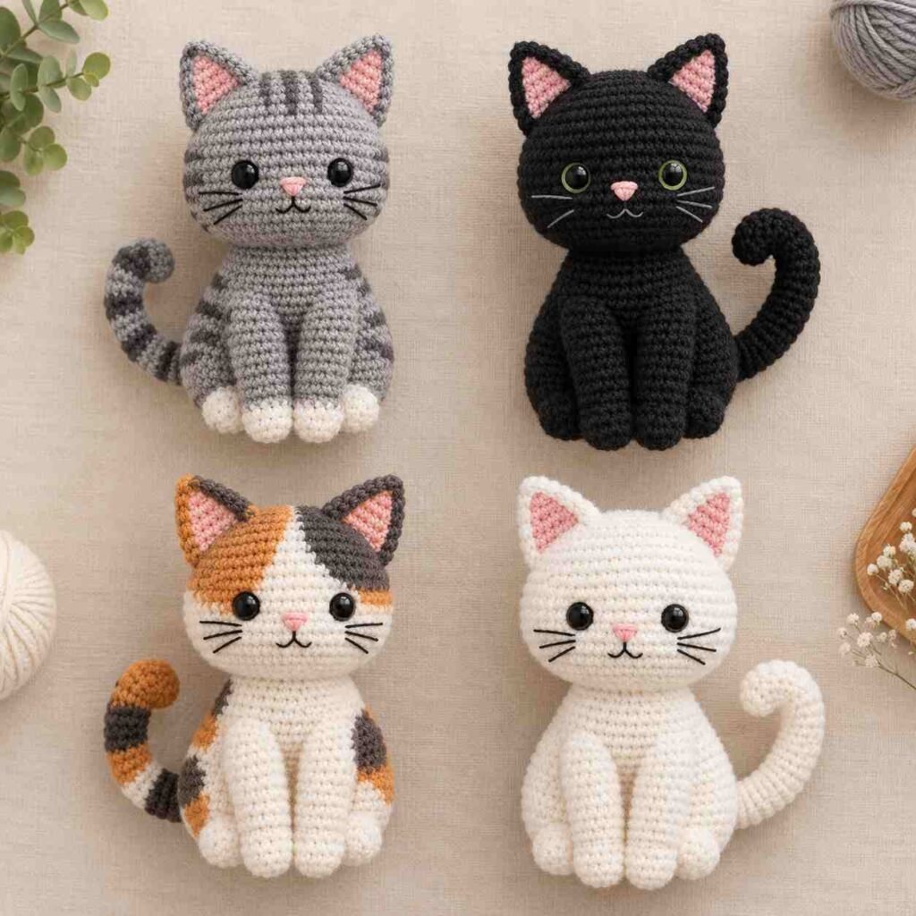 Amigurumi cat pattern color variations - tabby, black cat, calico