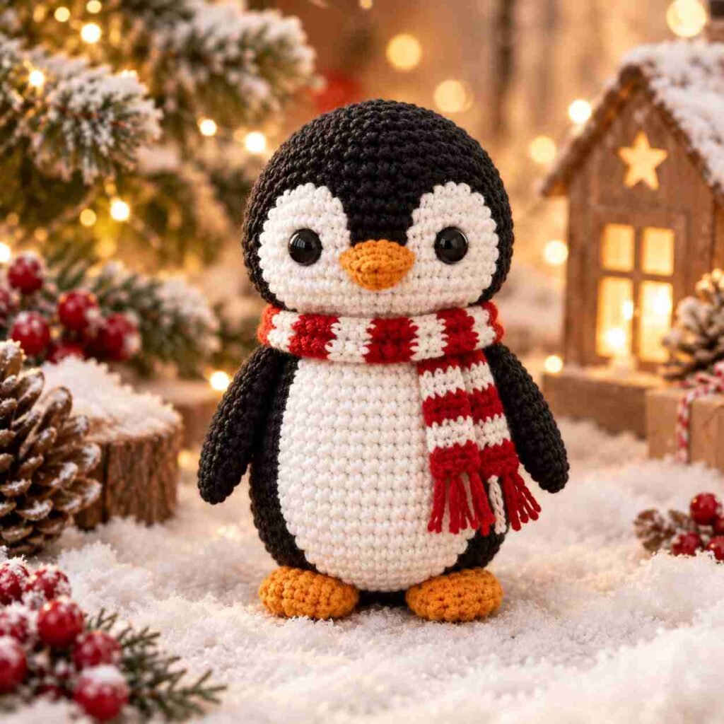 Amigurumi Christmas penguin crochet pattern with red scarf
