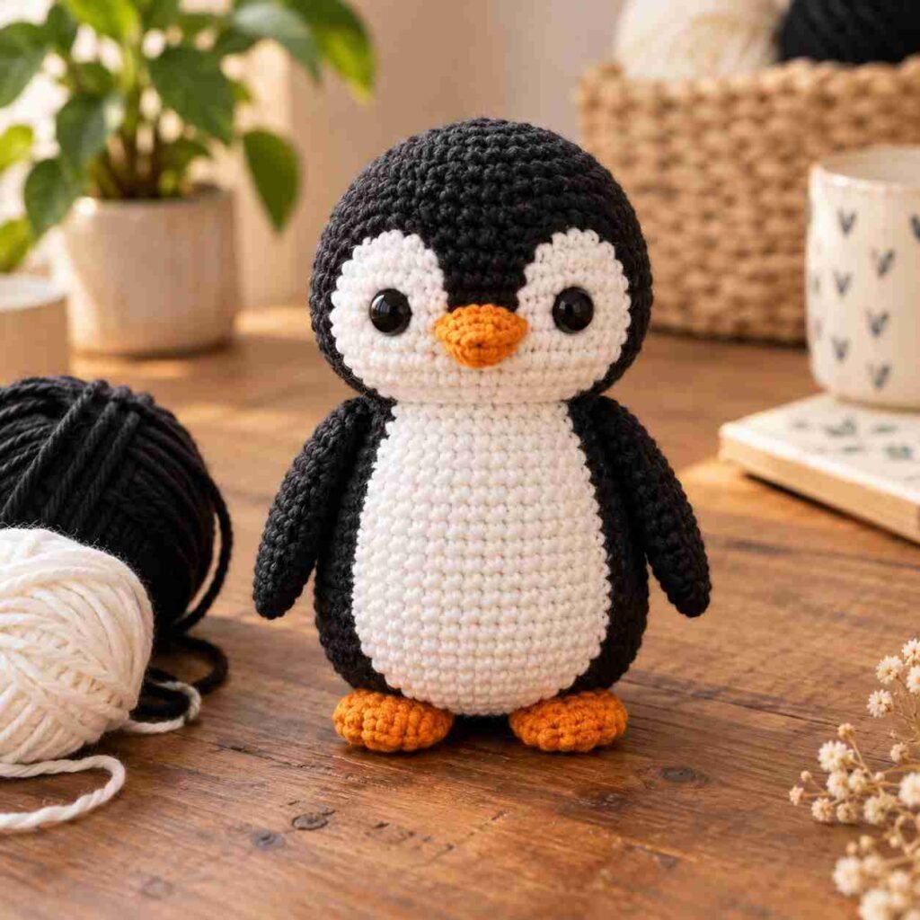 Finished amigurumi penguin crochet pattern standing upright