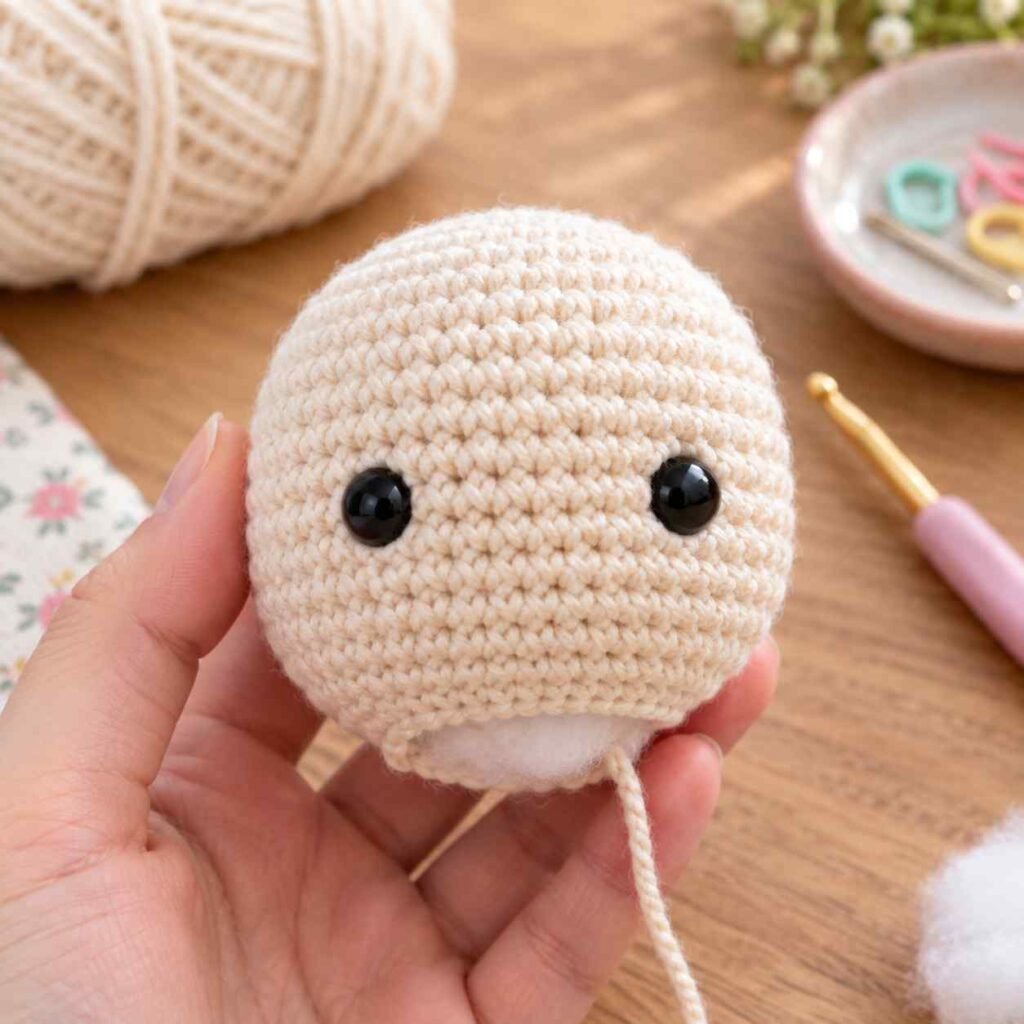 Crochet bunny head shaping with safety eyes inserted