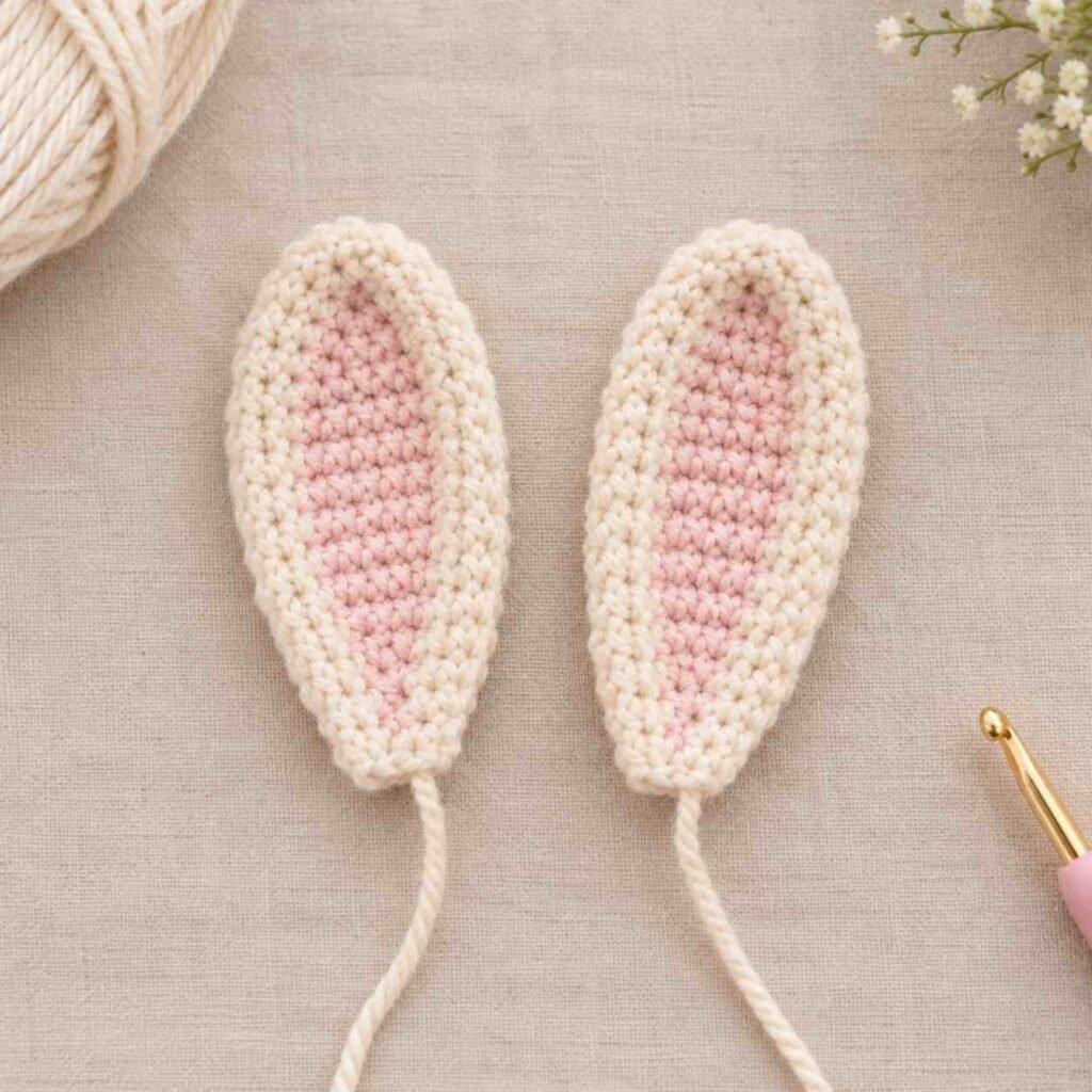 Amigurumi bunny ears before sewing on