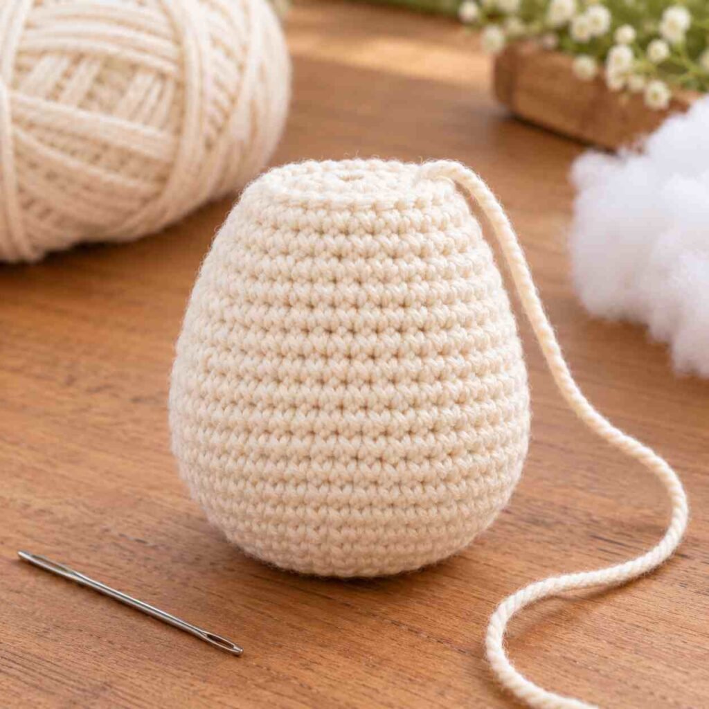 Crochet rabbit body stuffed and ready for assembly