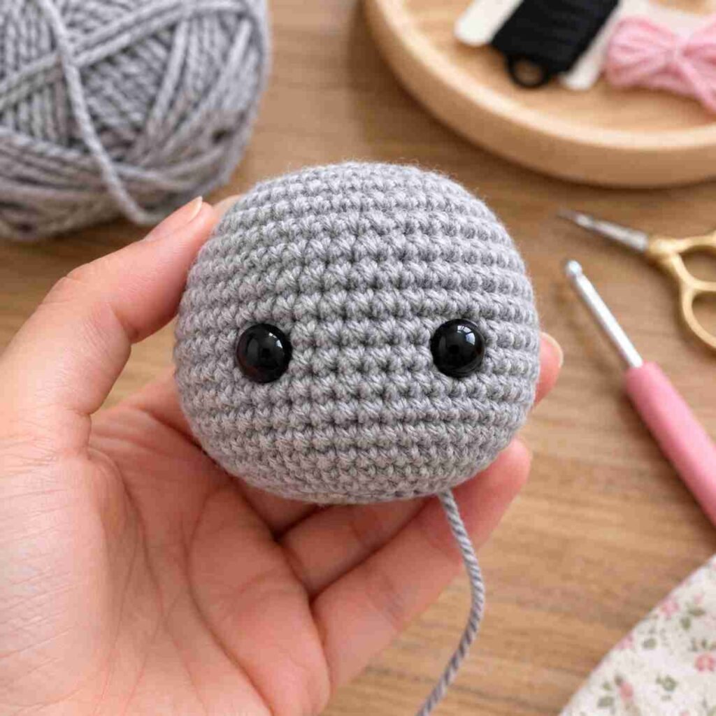 Crochet cat head with safety eyes before ears are attached