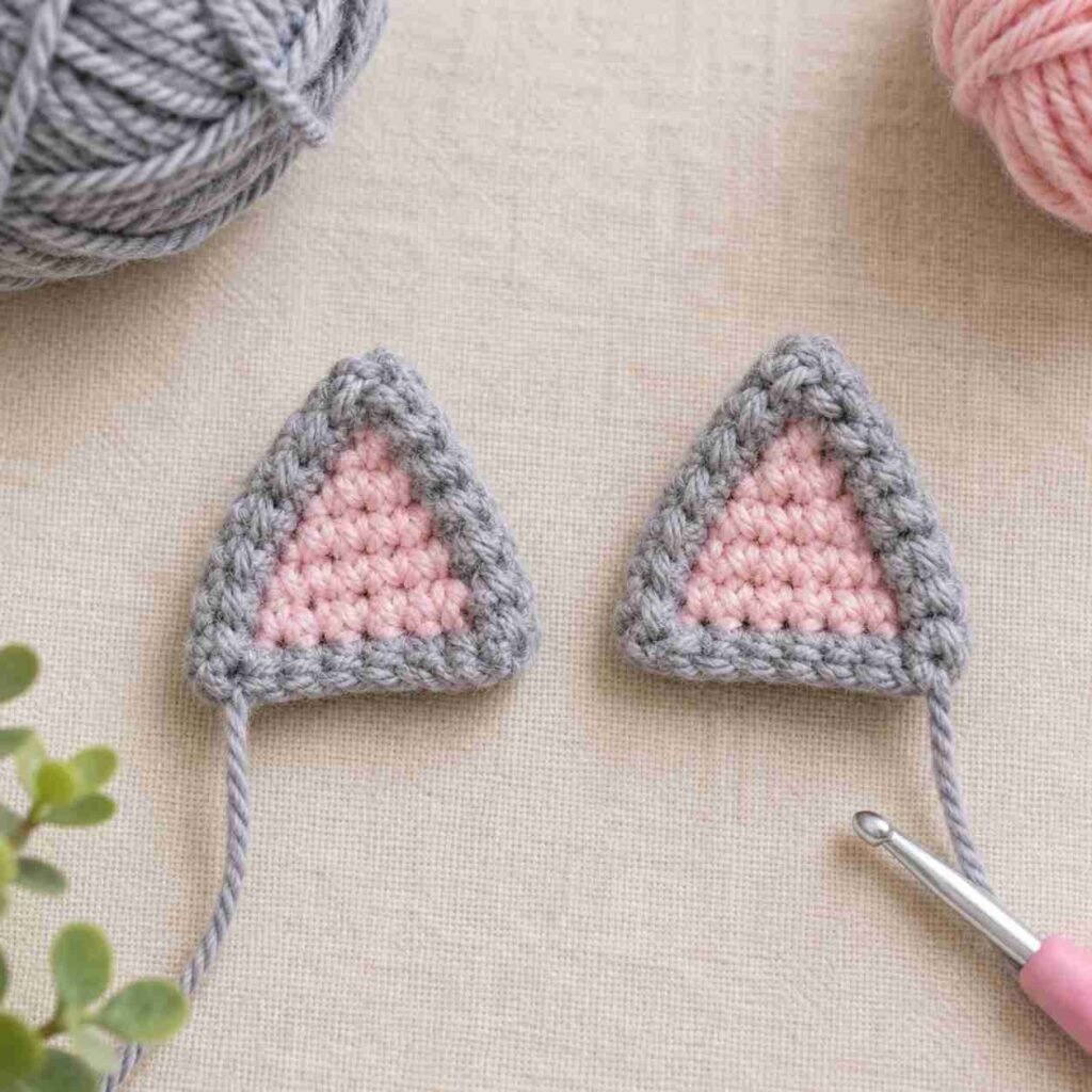Flat crocheted pointed cat ears with pink inner ear detail