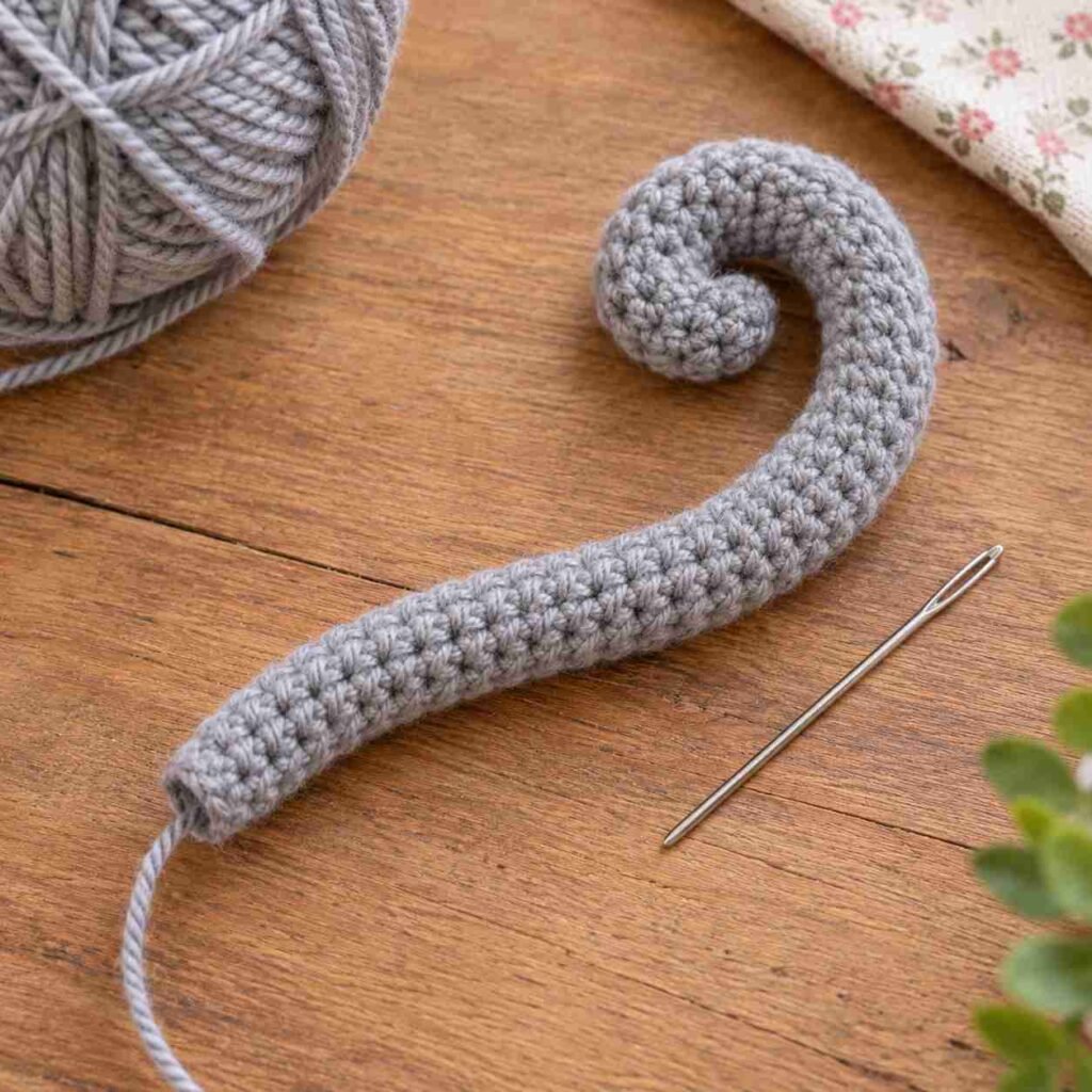 Long unstuffed amigurumi cat tail curled for shaping