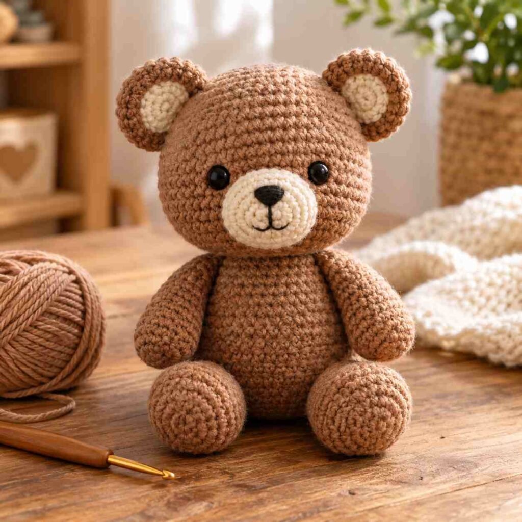 Finished amigurumi teddy bear crochet pattern fully assembled