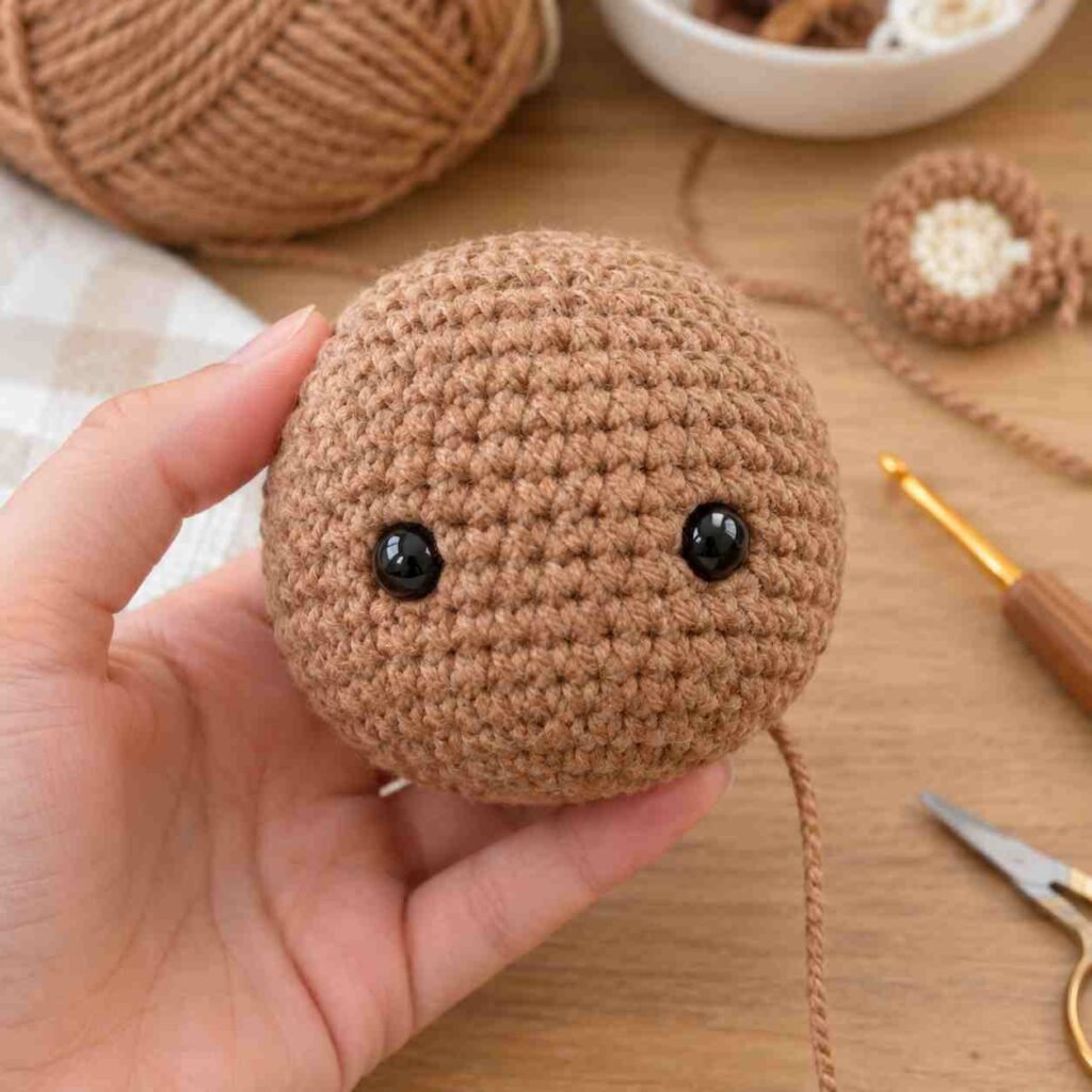 Crochet bear head with safety eyes before snout is attached