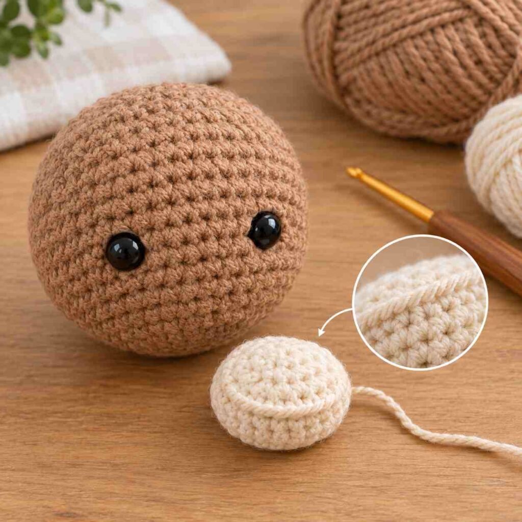 Amigurumi bear snout showing back loop only ridge detail