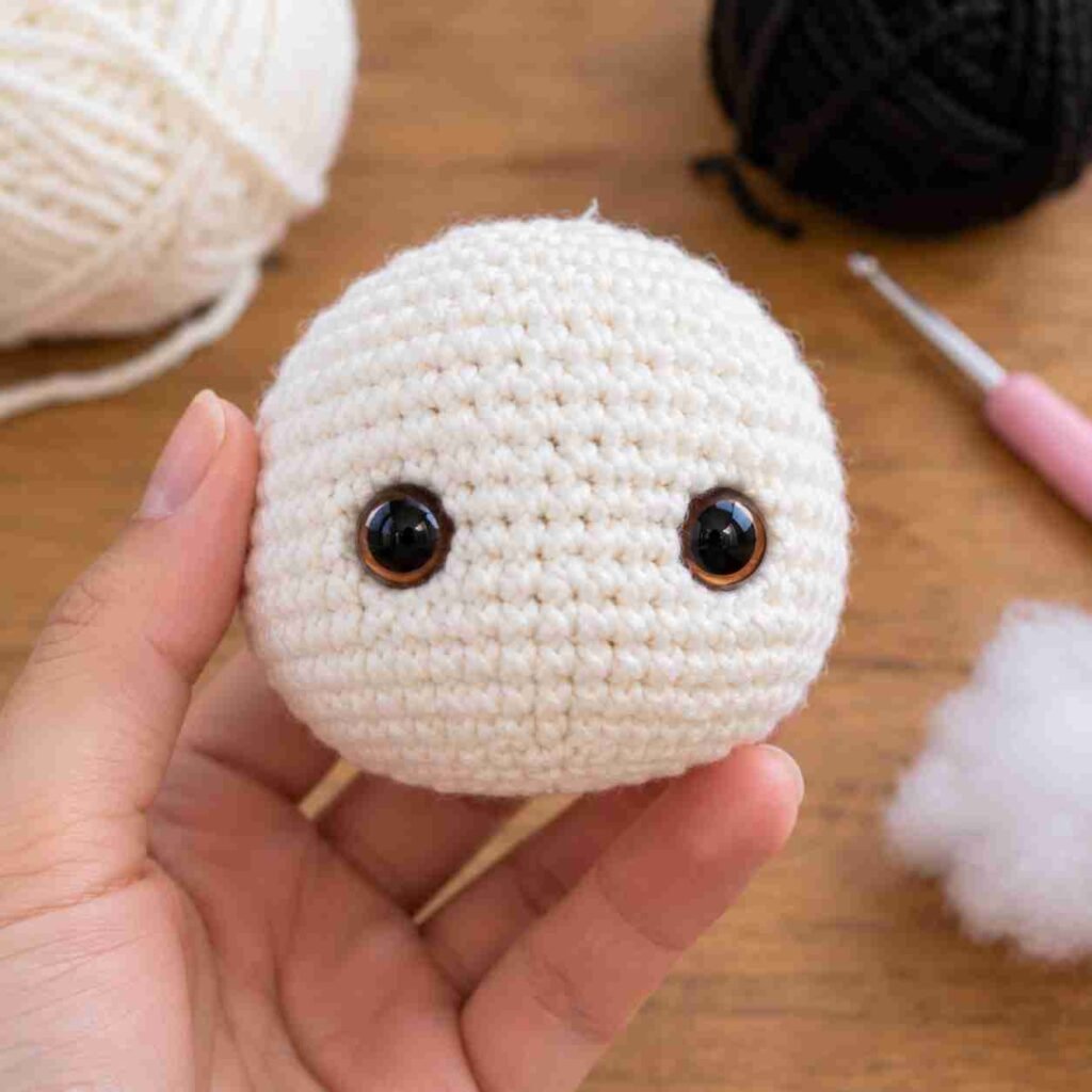 Crochet panda head in white yarn with safety eyes before eye patches